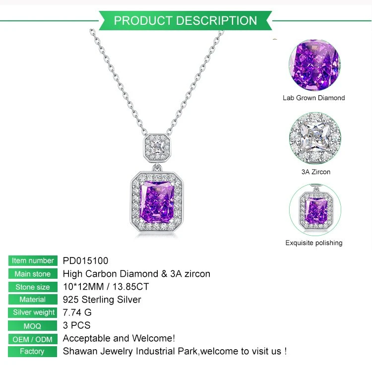Purple Pendant Necklace Wholesale Price Jewelry Exquisite 925 Sterling Silver High Carbon Diamond Pendant