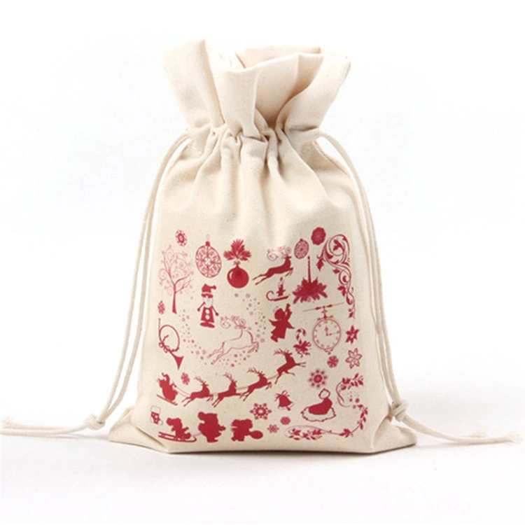 Wholesale Customized Design Festival Seasonal Gift Christmas Food Portable Reusable Promotion Pouch Packing Double Pull Cord Muslin Canvas Cotton Drawstring Bag
