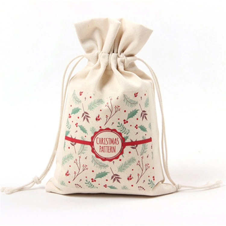Wholesale Customized Design Festival Seasonal Gift Christmas Food Portable Reusable Promotion Pouch Packing Double Pull Cord Muslin Canvas Cotton Drawstring Bag