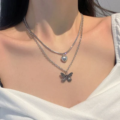 Finetoo Exquisite Asymmetric Pearl Choker Necklace Layered Heart Butterfly Pendant
