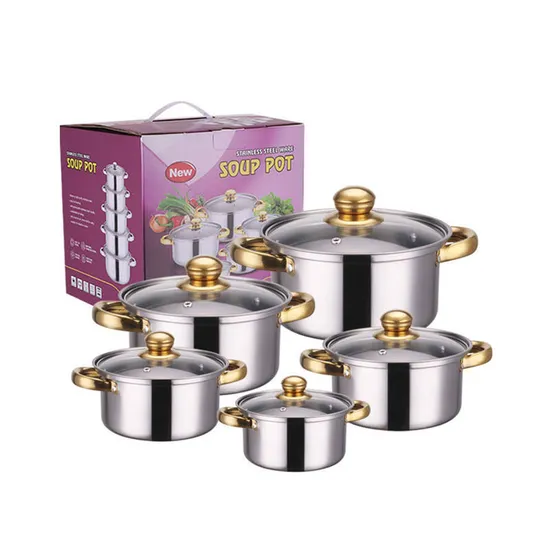 Factory Wholesale 10PCS Stainless Steel Gold Handle Kitchen Cookware Sets 