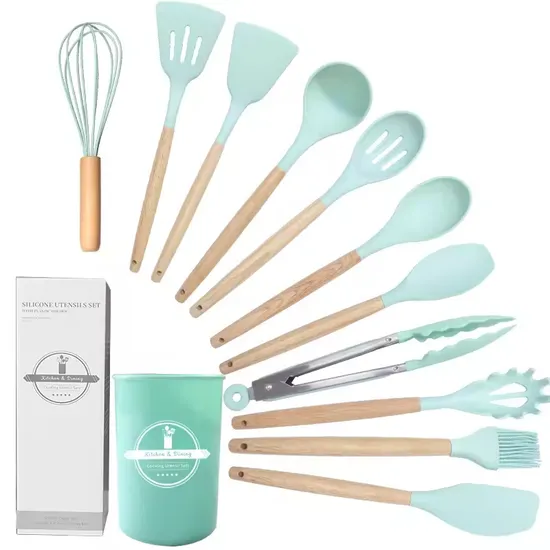 12 PCS Kitchen Utensils, Cooking Plastic Gadget Silicone Cookware, Kitchenware, Kitchen Implements Set with Wood Handle, Color Customized
